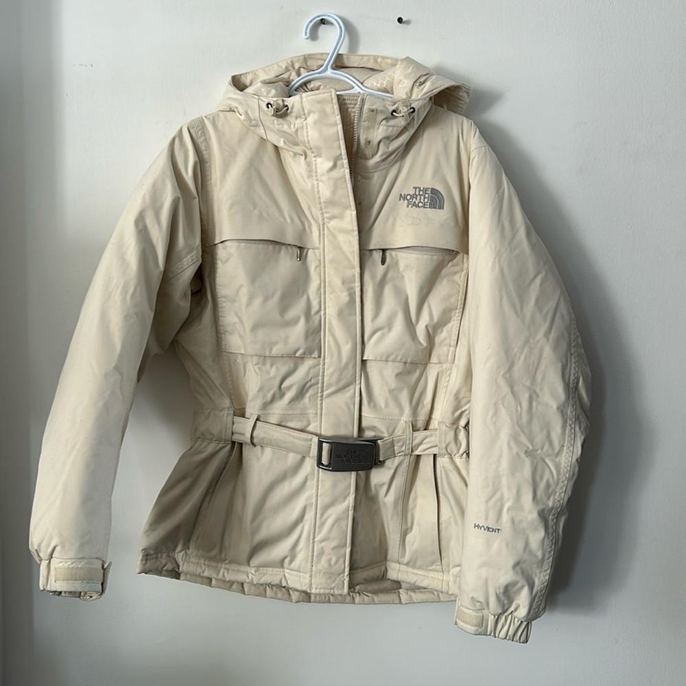 The North Face Women's Cream Hooded Insulated Belted Parka